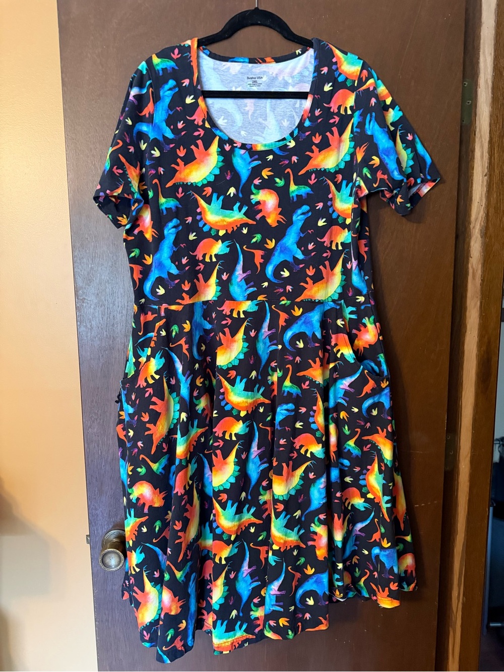 SVAHA Rainbow Dinosaur twirl dress with pockets. EUC! Size 2X